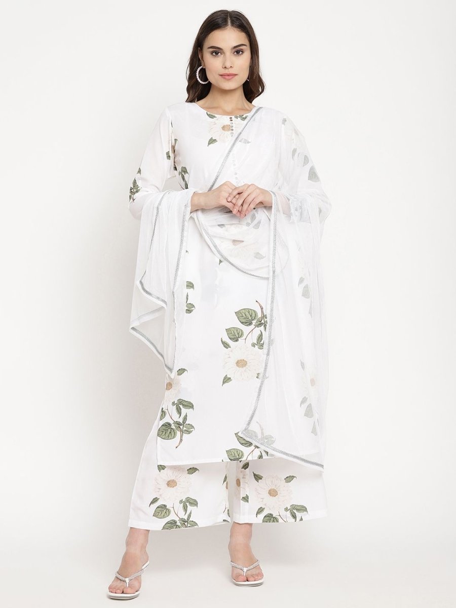 Ahalyaa Women's White Crepe Digital Print Kurta Palazzo Set With Dupatta