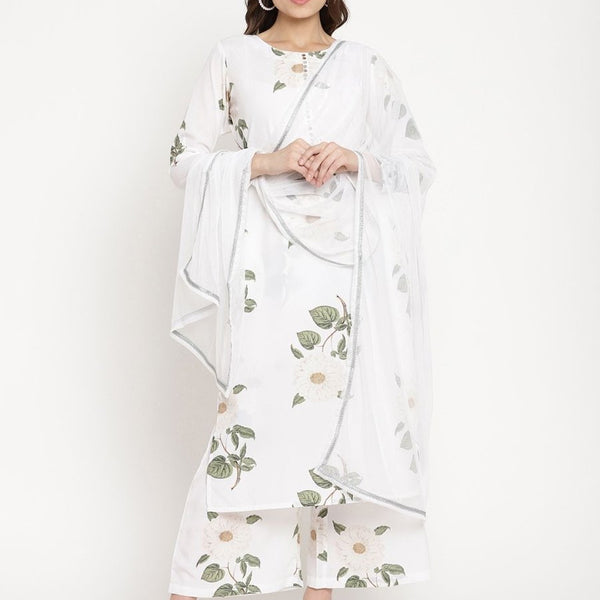 Ahalyaa Women's White Crepe Digital Print Kurta Palazzo Set With Dupatta