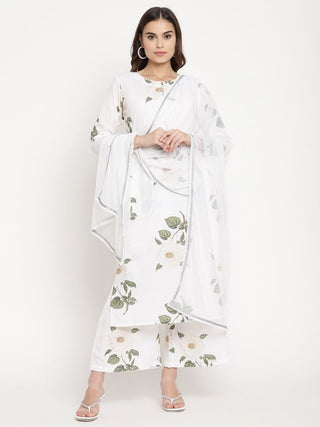 Ahalyaa Women's White Crepe Digital Print Kurta Palazzo Set With Dupatta