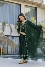 Thumbnail for The52 Women's Beautiful Embroidery Work Vichitra Silk Fabric Flared Anarkali Pant and Dupatta Set - Distacart
