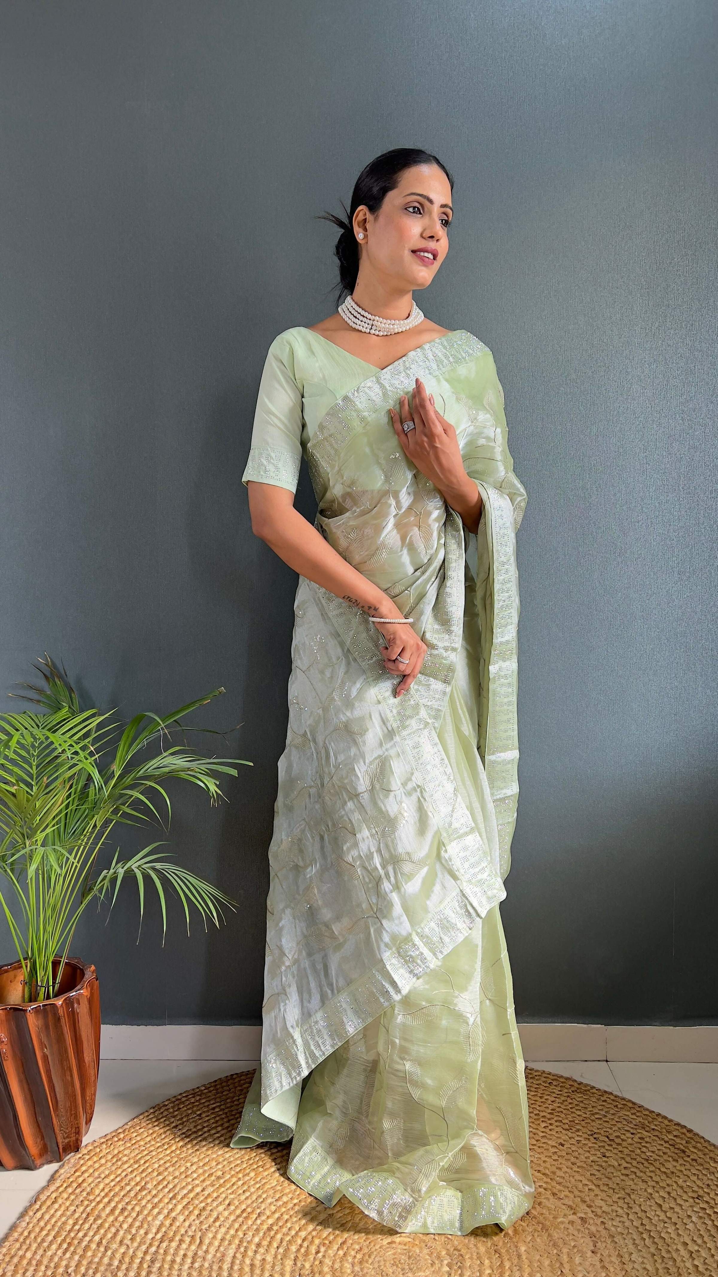 Preksha Creation Women Ready To Wear Saree Premium Burberry Silk Embellished With Beautiful Thread Work - Pista - Distacart