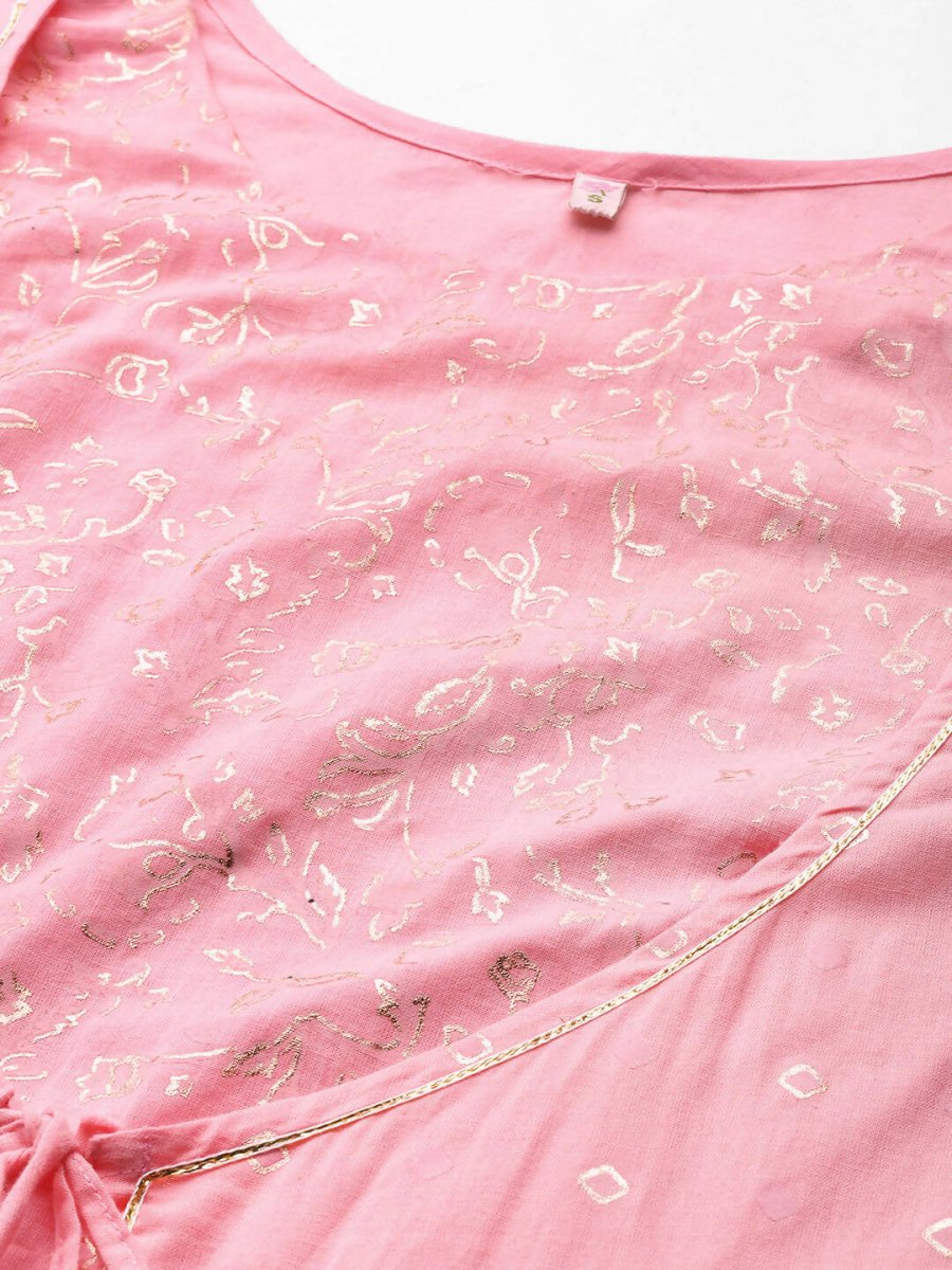 Ahalyaa Pink & Gold Ethnic Printed Layered Front Slit Cotton Anarkali Kurta Palazzos - Distacart