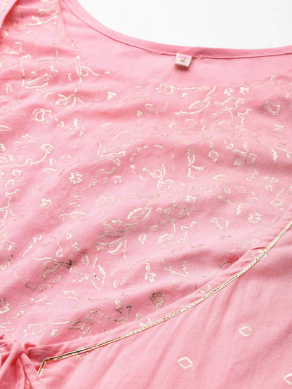 Ahalyaa Pink & Gold Ethnic Printed Layered Front Slit Cotton Anarkali Kurta Palazzos - Distacart