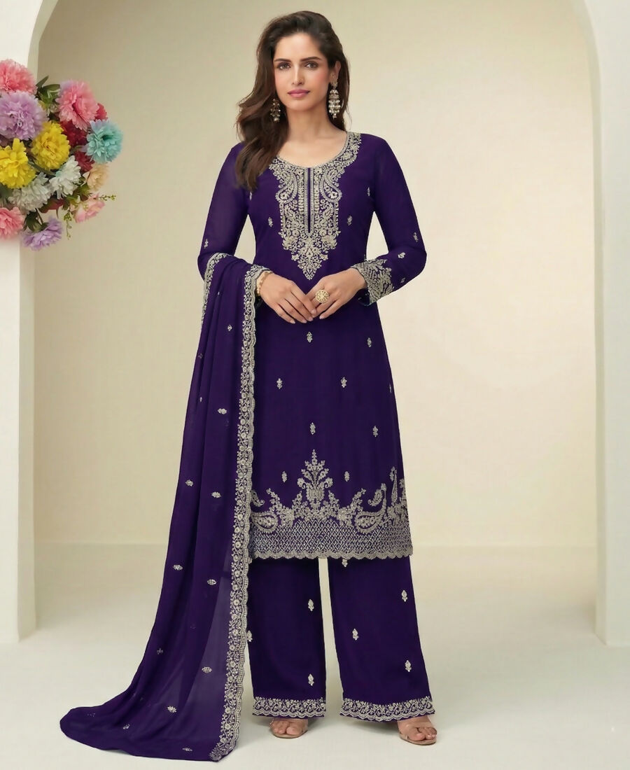 KC Purple Georgette Heavy Embroidered Fancy Suit For Women - Dista