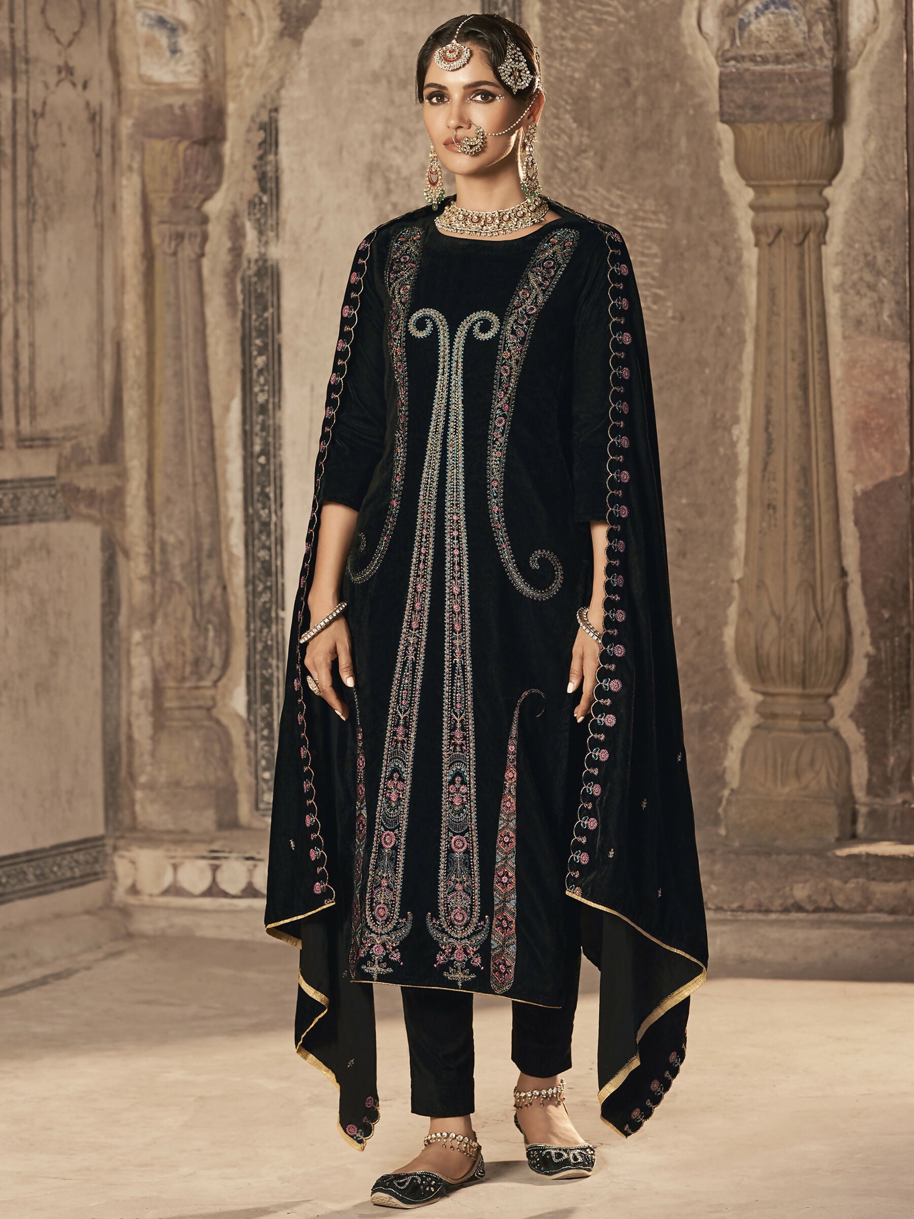 Jyoti Fashion Women's Black Velvet Floral Resham Thread with Jari work Kurta with Trouser & Dupatta - Distacart