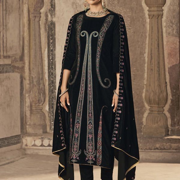 Jyoti Fashion Women's Black Velvet Floral Resham Thread with Jari work Kurta with Trouser & Dupatta - Distacart