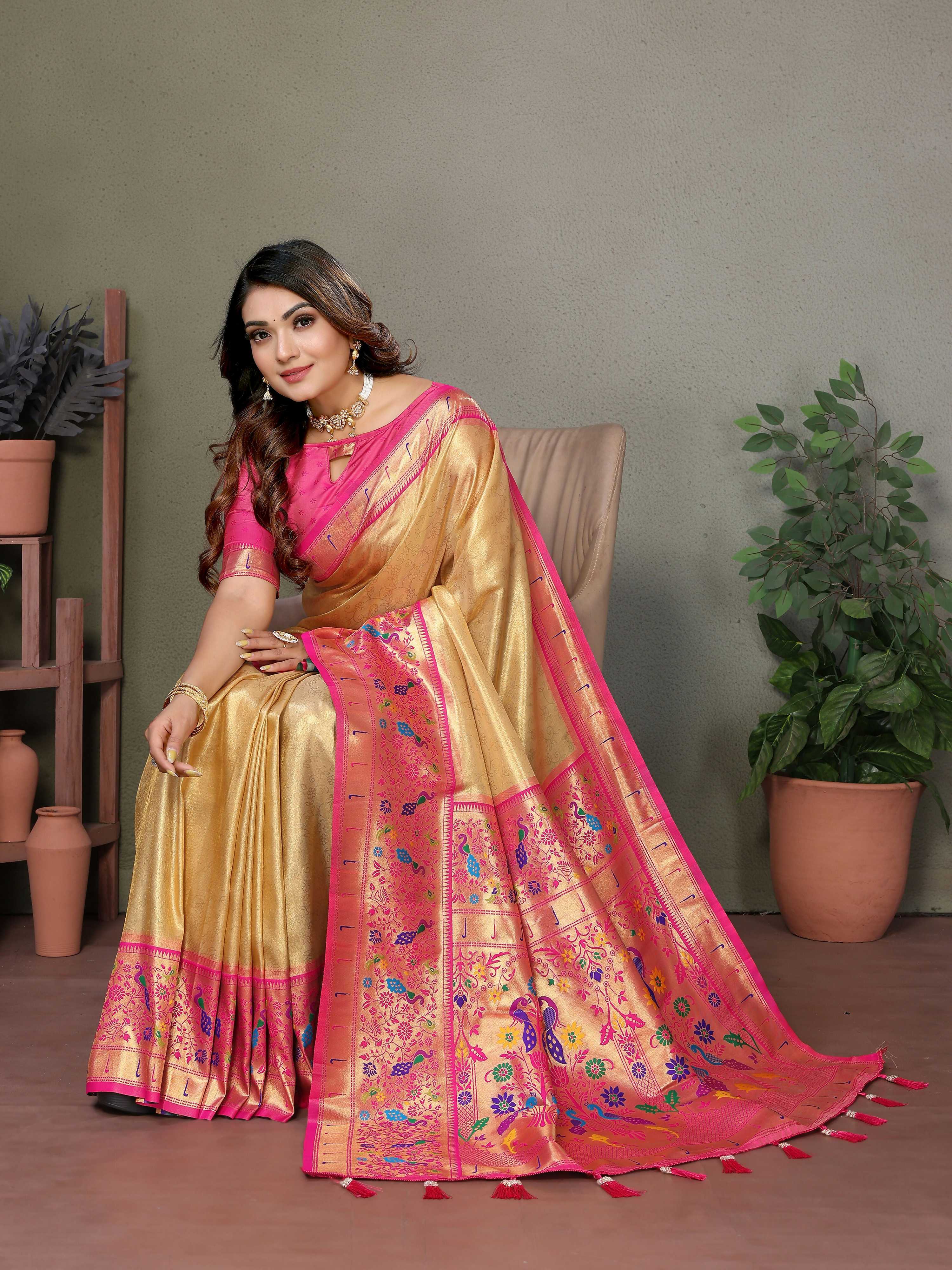 Aastha Fashion Gold Tissue Silk Paithani Woven Saree - Distacart