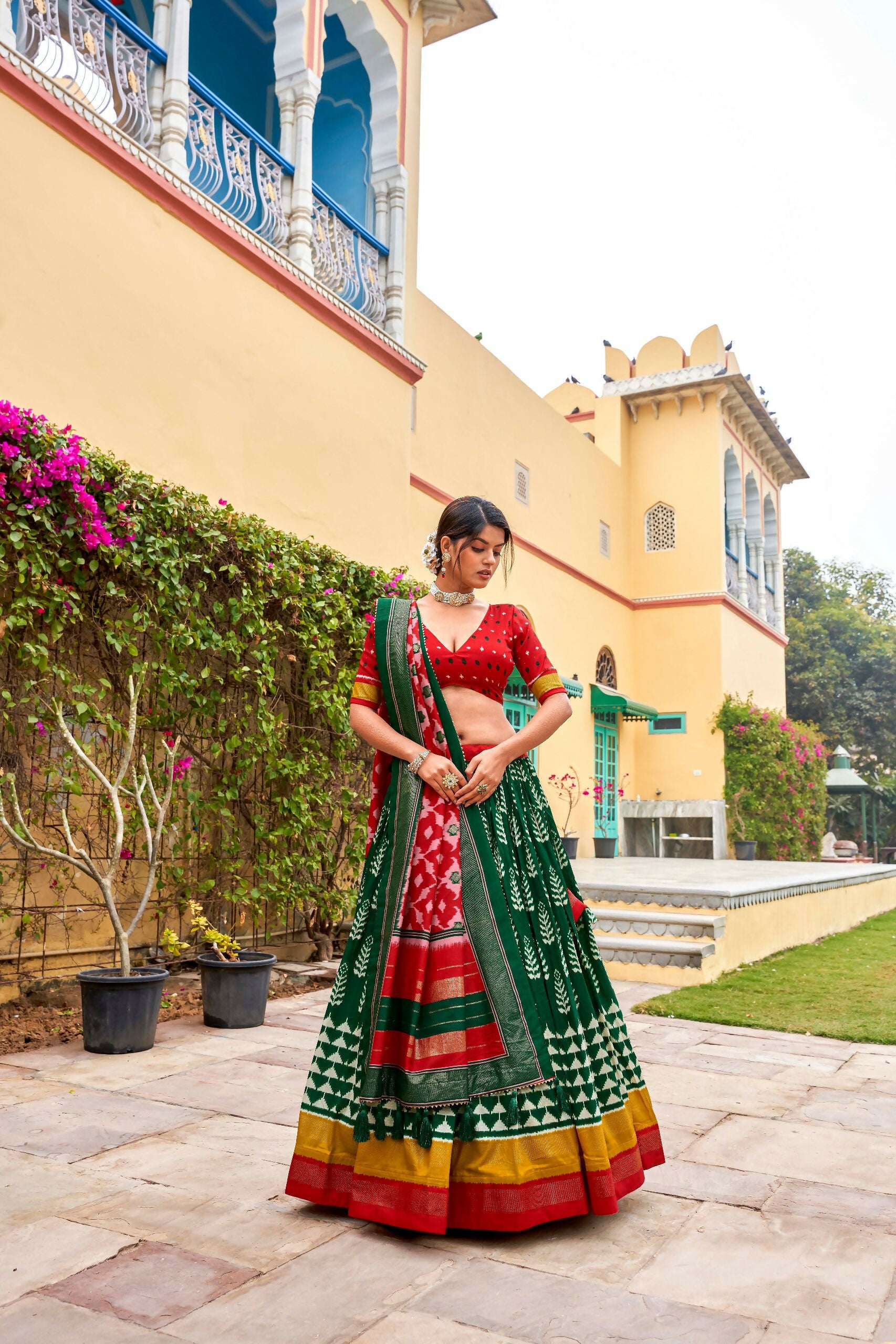 Vastranavya Printed and Foil Work Tussar Silk Lehenga with Unstitched Blouse - Green - Distacart