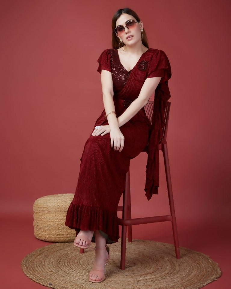 Maroon Imported Crush Solid Ready to Wear Saree with stitched Blouse - Aayan - Distacart