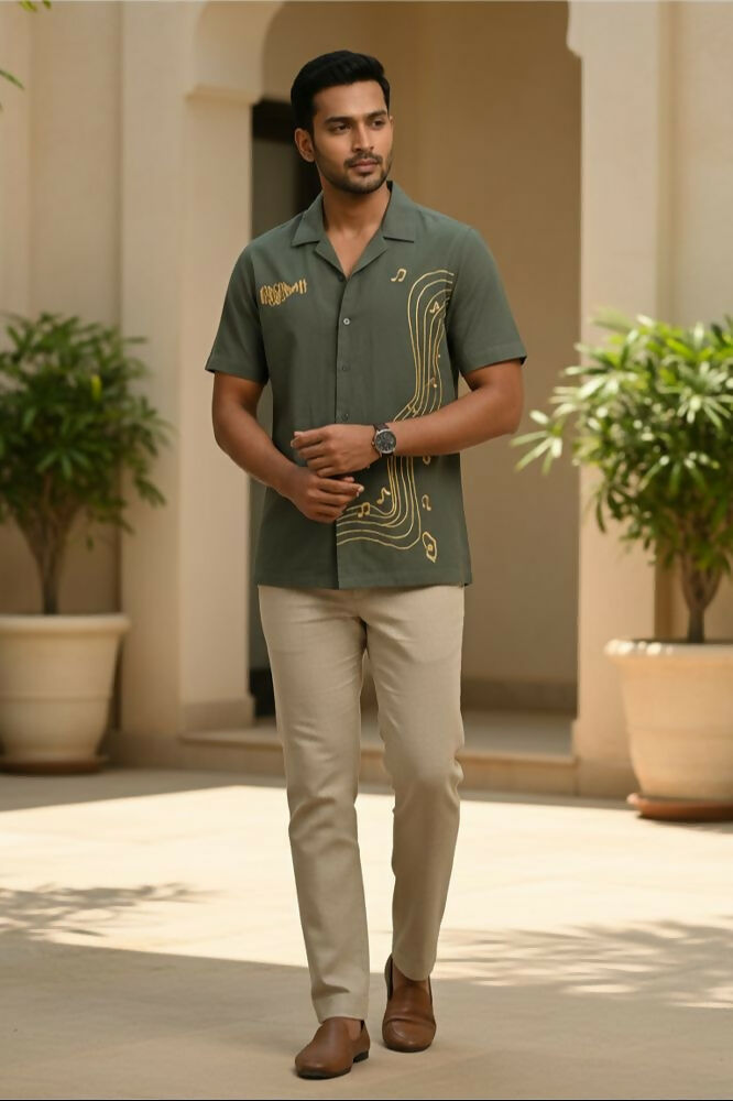 Echo — Green Music Embroidered Cotton Shirt by Hilo Design - Dista
