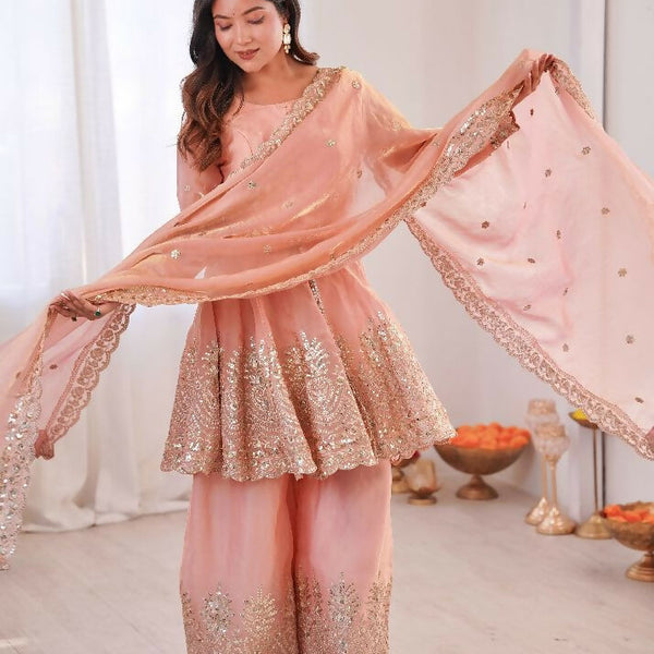 Teeya Creation Light Peach Color Fendy Satin Silk Embroidery Work Party Wear Salwar Suit - Distacart