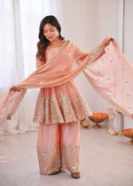 Thumbnail for Teeya Creation Light Peach Color Fendy Satin Silk Embroidery Work Party Wear Salwar Suit - Distacart