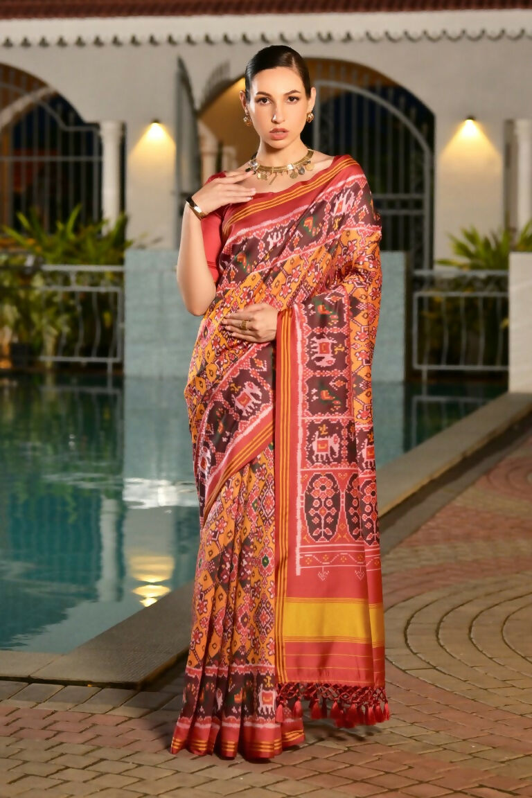 Vishnu Weaves Women's Mustard Banarasi Silk Patola Printed Saree with Blouse