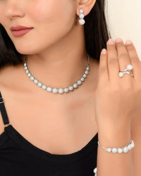 Thumbnail for VOJ Silver Plated AD studded Necklace, Earrings With Ring And bracelet - Distacart