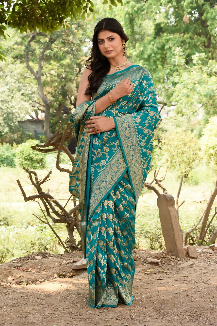 Joban Fashion Green Banarasi Soft Pure Handloom Banarasi Silk Saree