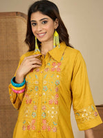 Thumbnail for Joban Fashion Women Mustard Roman Silk Embroidered Stitched Kurta Set - Distacart