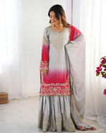 Thumbnail for The52 Women's Beautiful Chinon silk Fabric Embroidery Work Straight Kurta Palazzo and Dupatta Set - Distacart