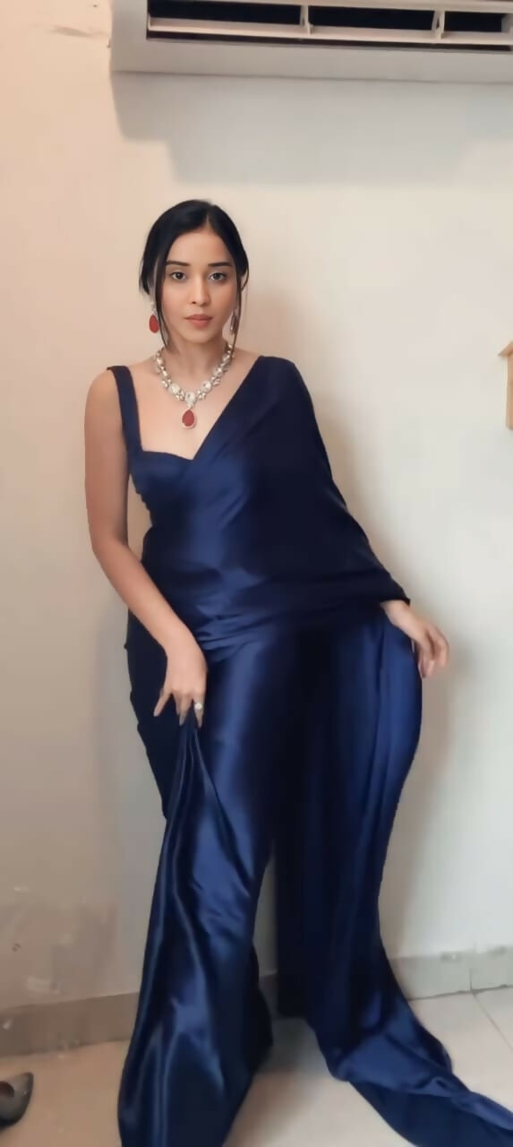 Malishka Satin Silk Solid Ready To Wear Saree With Blouse Piece - Navy - Distacart