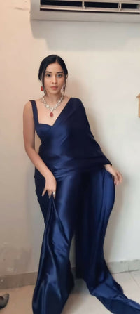Thumbnail for Malishka Satin Silk Solid Ready To Wear Saree With Blouse Piece - Navy - Distacart