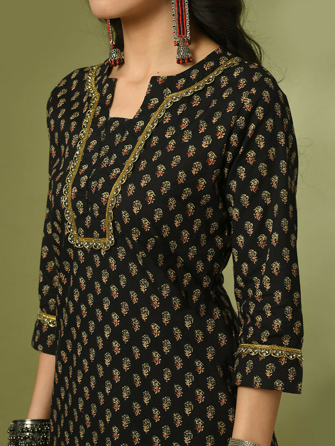 Myshka Women's Black Printed Cotton Straight Party Kurta Set - Distacart