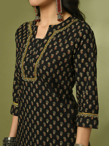 Myshka Women's Black Printed Cotton Straight Party Kurta Set - Distacart