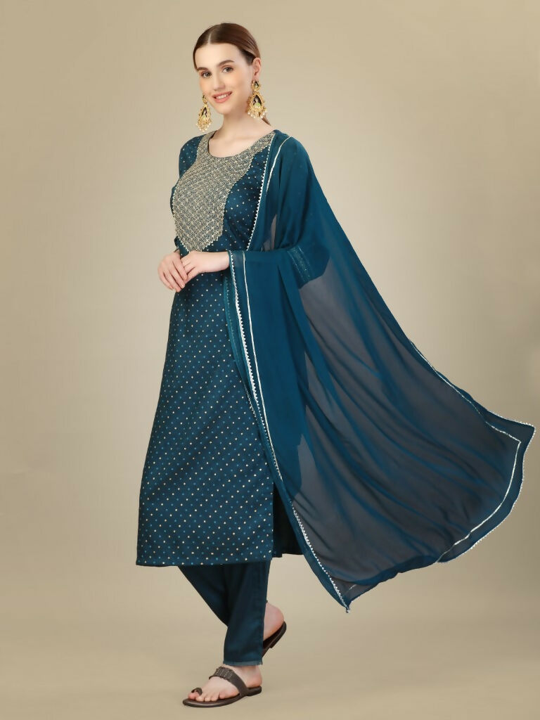 Jyoti Fashion Women's Morpich Silk Blend Embroidery & Sequence work Kurta with Trouser & Dupatta - Distacart