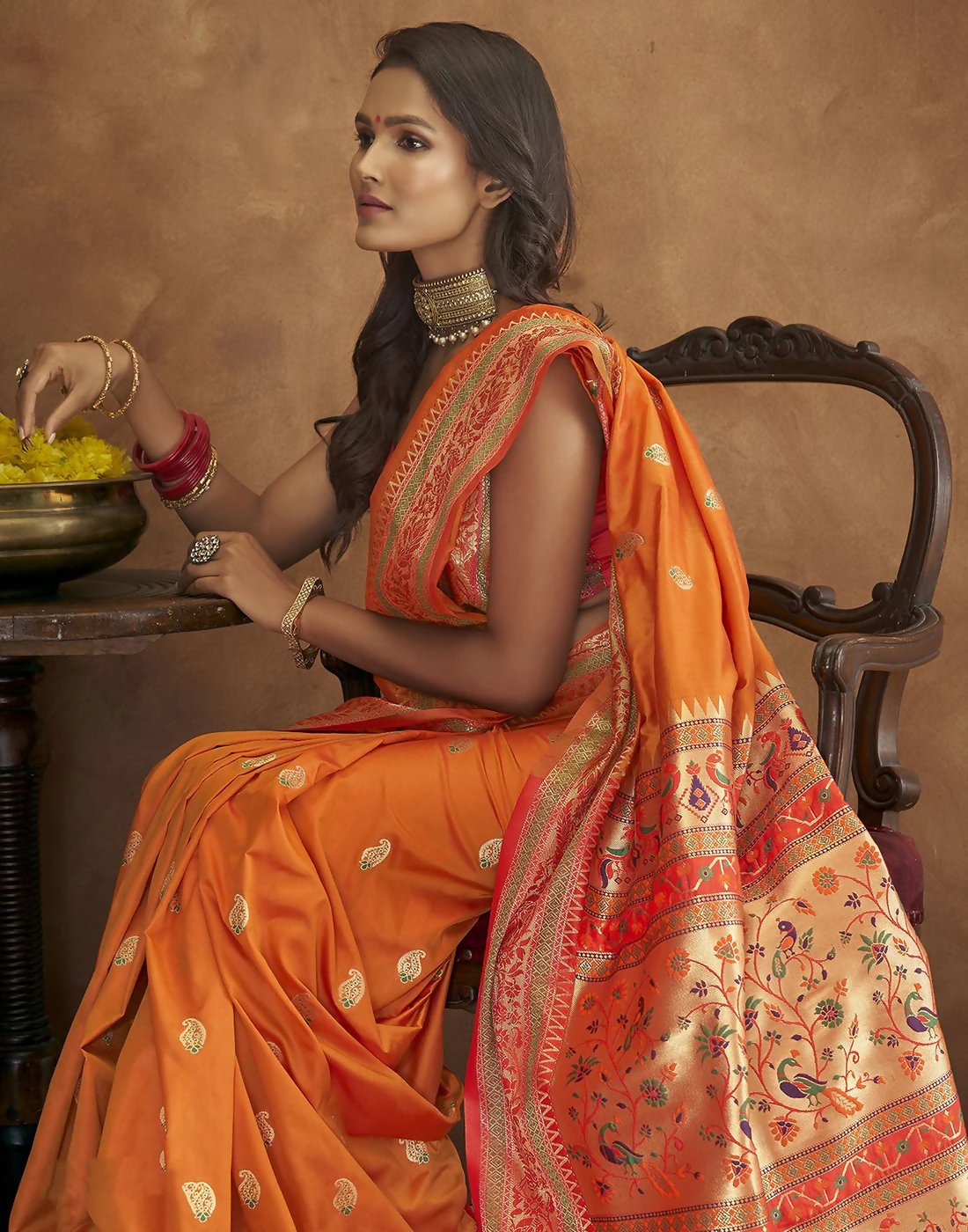 Vastranavya Orange Soft Paithani Silk Saree With Gold Zari Weaving Motifs With Matching Blouse Fabric - Distacart