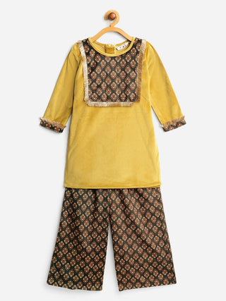 Ahalyaa Mustard Color Digital Print Velvet kids Kurta Palazzo Set For Girls - Distacart