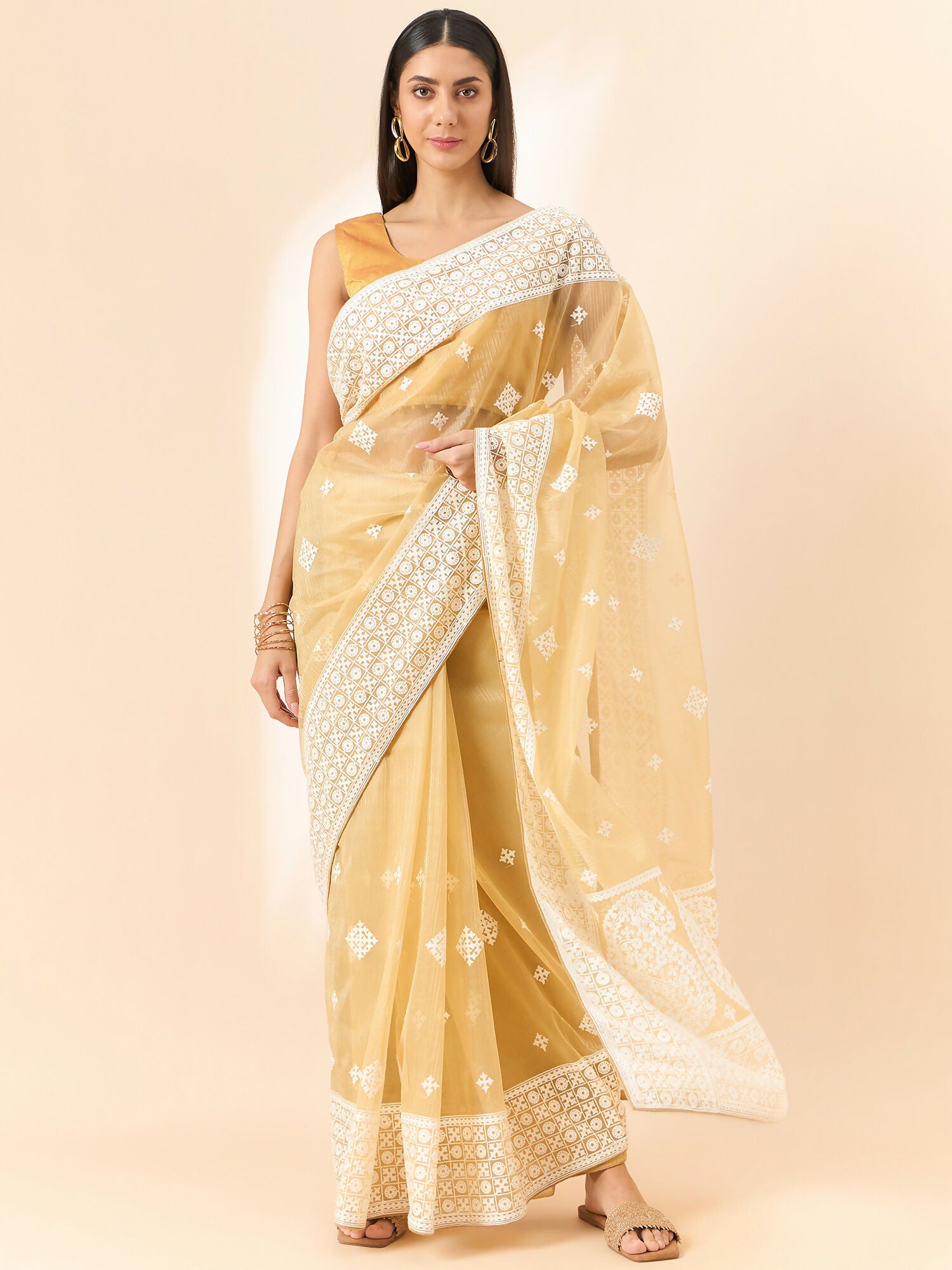 Beige Organza Geometric Embroidered Saree with Unstitched Blouse Piece - Roozal - Distacart