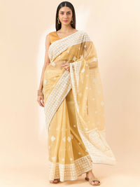 Thumbnail for Beige Organza Geometric Embroidered Saree with Unstitched Blouse Piece - Roozal - Distacart