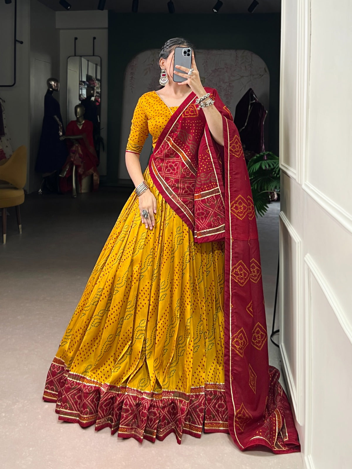 Lorenvalley Fashion Yellow Tasar Silk Bandhej Print With Gotta Patti Lace Touch Up Lehenga Choli with Dupatta