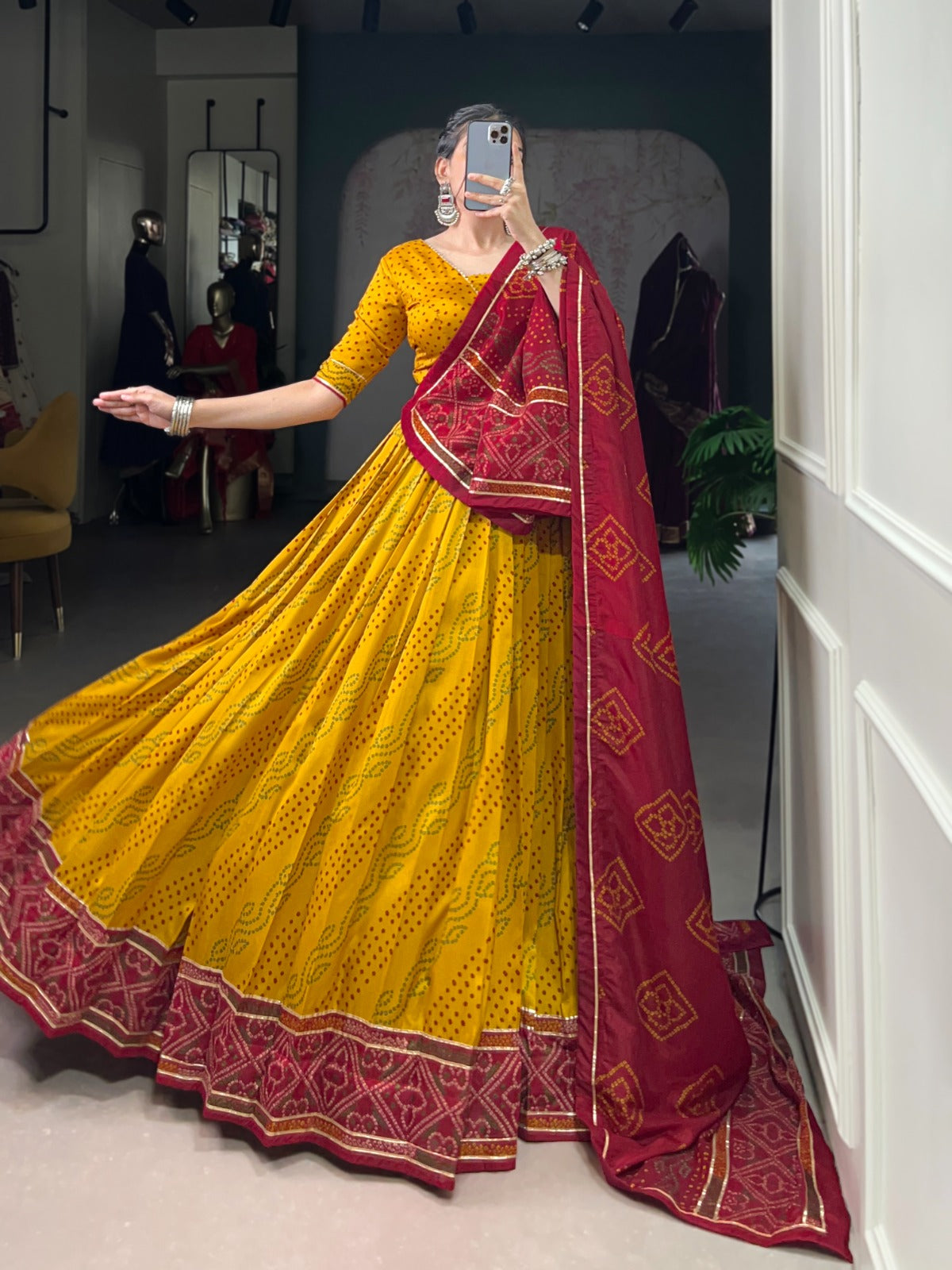 Lorenvalley Fashion Yellow Tasar Silk Bandhej Print With Gotta Patti Lace Touch Up Lehenga Choli with Dupatta