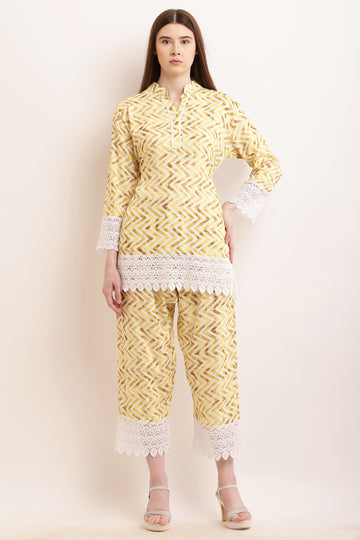 PAVONINE Yellow Color Zig-Zag Printed with Lace Inserted Cord Set For Women - Distacart