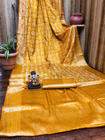 Thumbnail for Anaita Yellow Soft Satin Silk Bandhej Print Saree With Kanchi Zari Weaving Border - Distacart