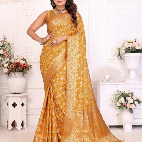 Anaita Yellow Soft Satin Silk Bandhej Print Saree With Kanchi Zari Weaving Border - Distacart