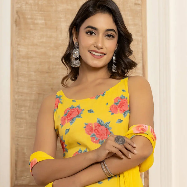 Yufta Yellow Floral Print Cotton A-Line Style Kurta And Trousers With Dupatta Set - Distacart