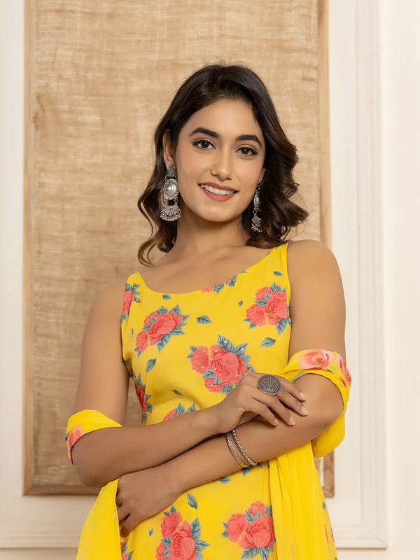 Yufta Yellow Floral Print Cotton A-Line Style Kurta And Trousers With Dupatta Set