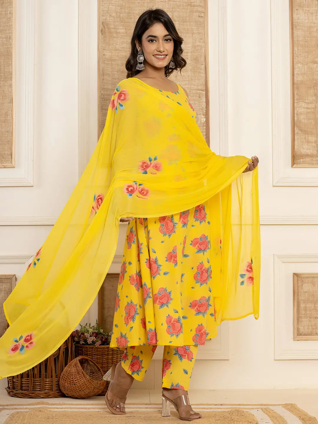 Yufta Yellow Floral Print Cotton A-Line Style Kurta And Trousers With Dupatta Set - Distacart