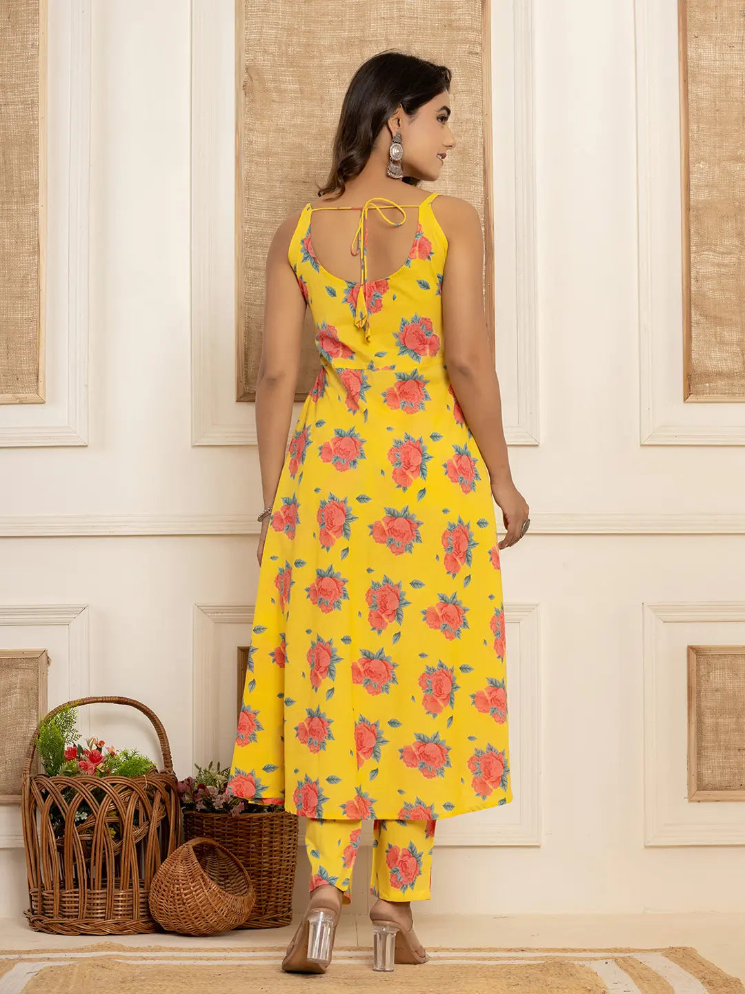 Yufta Yellow Floral Print Cotton A-Line Style Kurta And Trousers With Dupatta Set