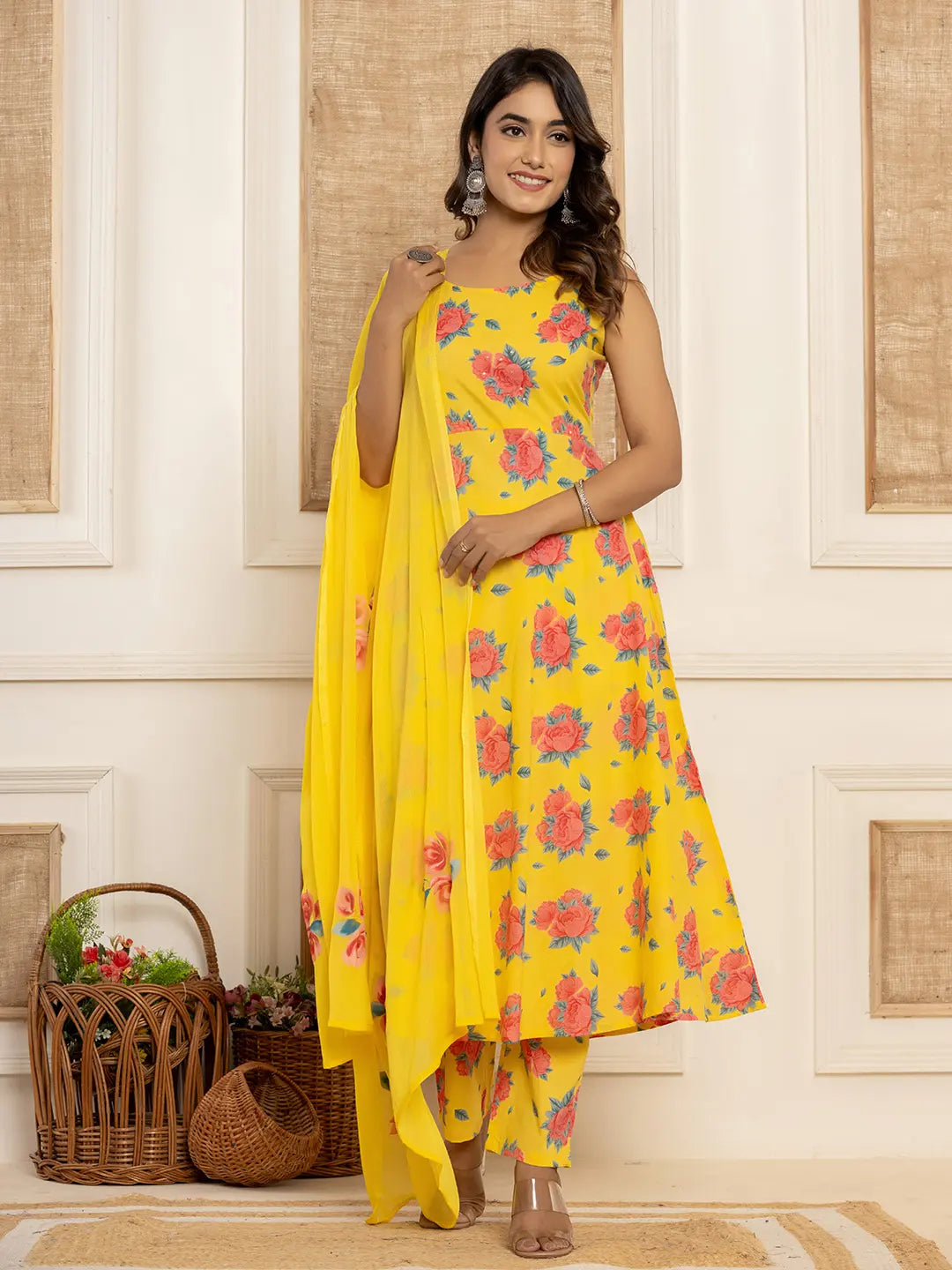 Yufta Yellow Floral Print Cotton A-Line Style Kurta And Trousers With Dupatta Set