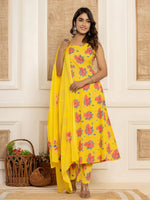 Thumbnail for Yufta Yellow Floral Print Cotton A-Line Style Kurta And Trousers With Dupatta Set
