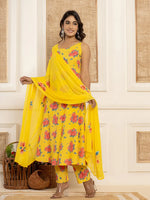 Thumbnail for Yufta Yellow Floral Print Cotton A-Line Style Kurta And Trousers With Dupatta Set