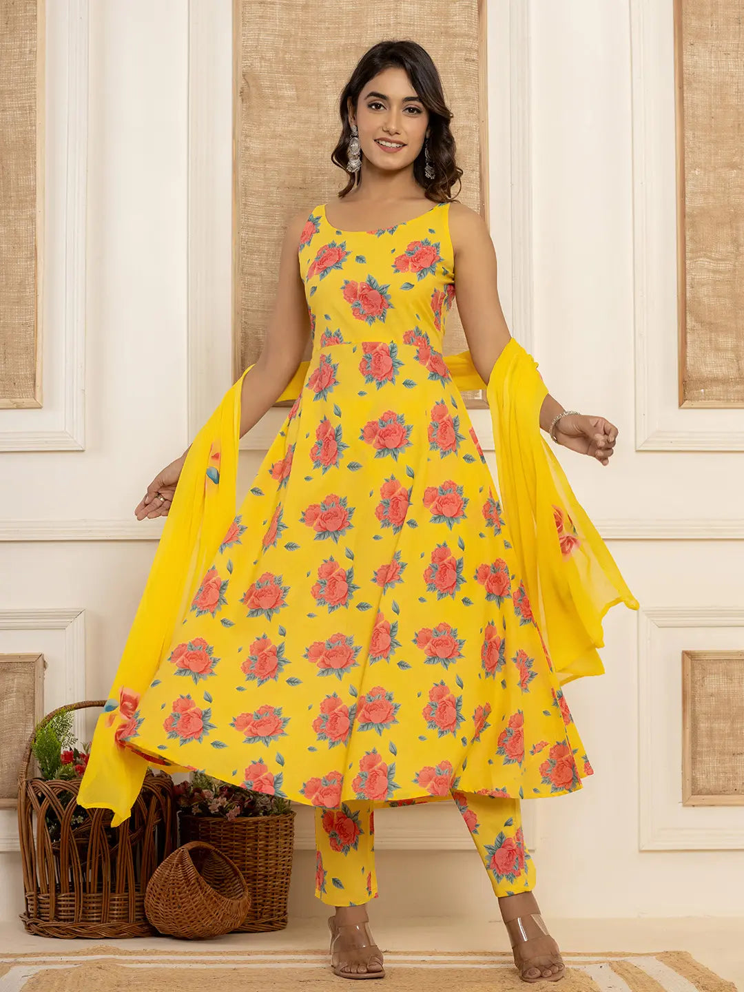 Yufta Yellow Floral Print Cotton A-Line Style Kurta And Trousers With Dupatta Set