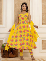 Thumbnail for Yufta Yellow Floral Print Cotton A-Line Style Kurta And Trousers With Dupatta Set