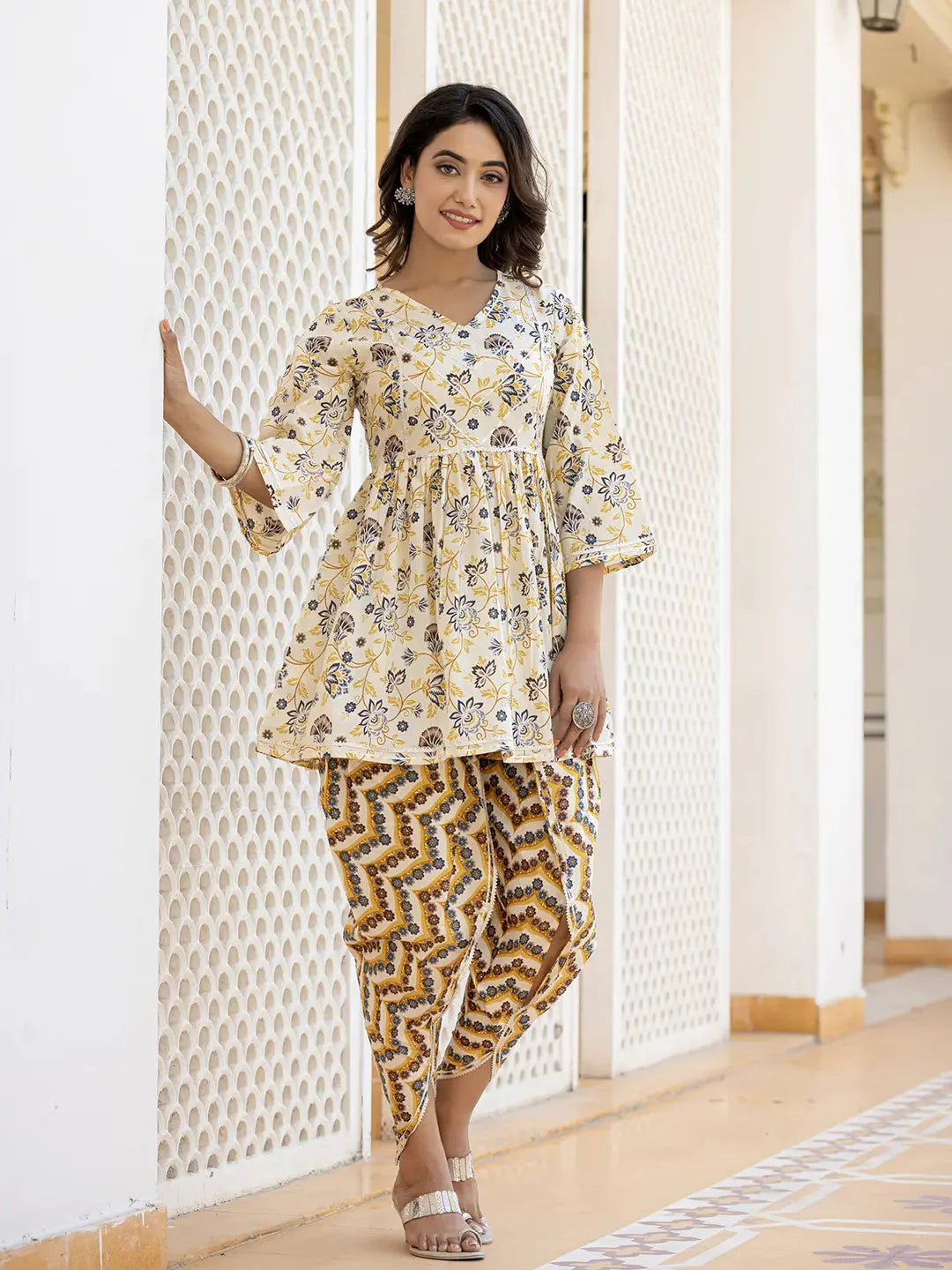 Yufta Yellow Gotta Patti Kurti with Dhoti Pants Set