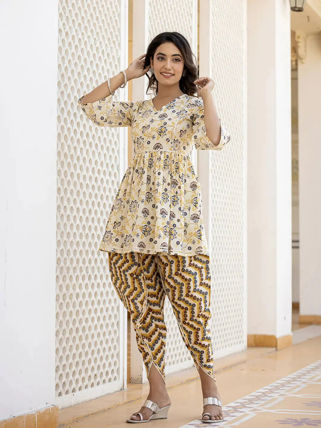 Yufta Yellow Gotta Patti Kurti with Dhoti Pants Set