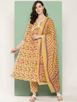 Thumbnail for Yufta Yellow Floral Printed Regular Pure Cotton Kurta with Trousers & With Dupatta Set