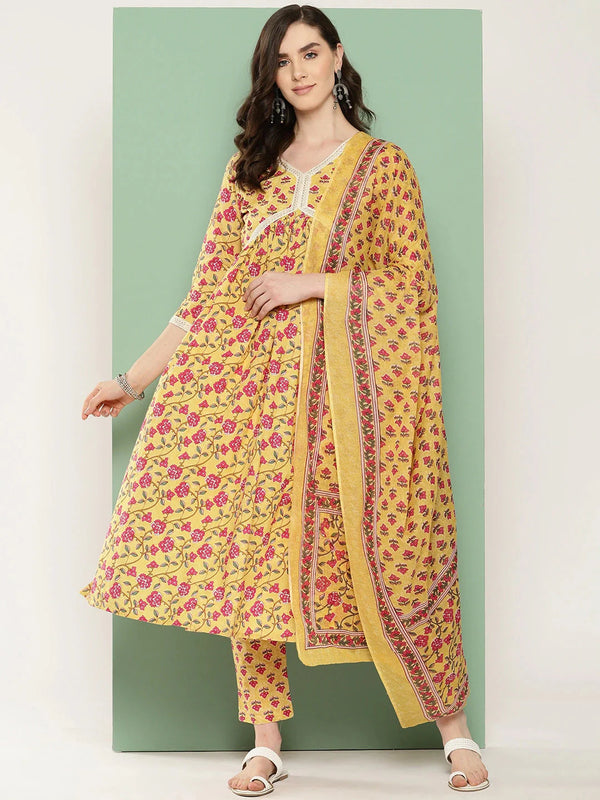 Yufta Yellow Floral Printed Regular Pure Cotton Kurta with Trousers & With Dupatta Set