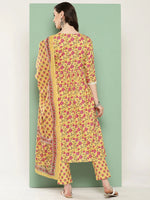 Thumbnail for Yufta Yellow Floral Printed Regular Pure Cotton Kurta with Trousers & With Dupatta Set