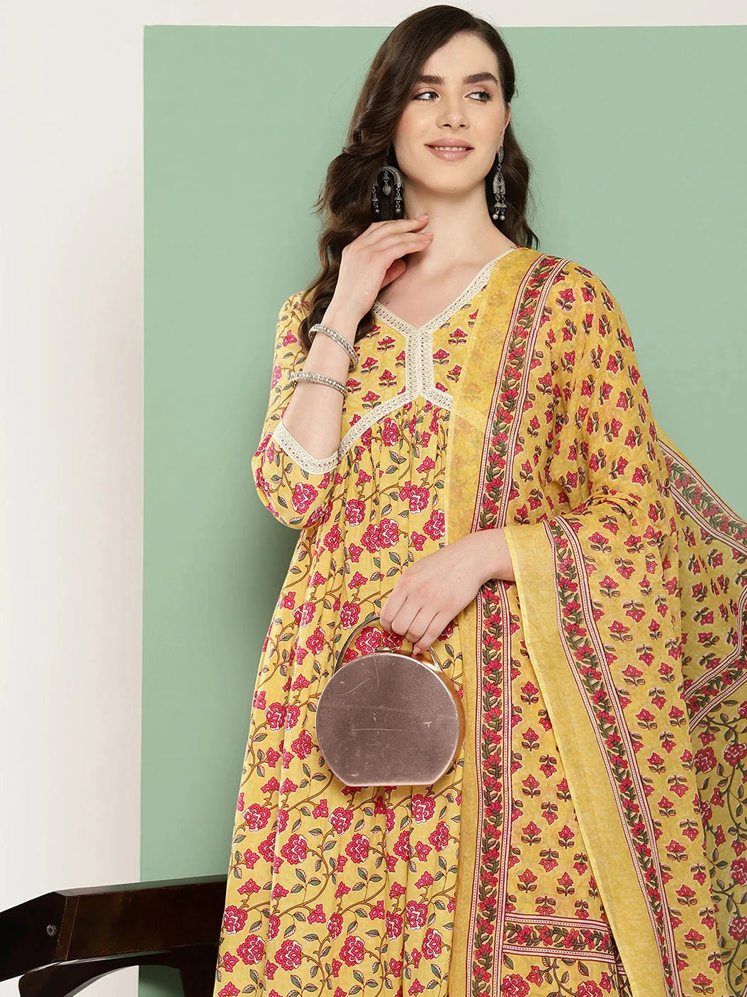 Yufta Yellow Floral Printed Regular Pure Cotton Kurta with Trousers & With Dupatta Set